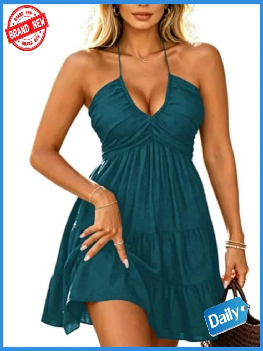 Halter Backless Mini Sundress Flowy Ruffle Cami Dress Summer Beach